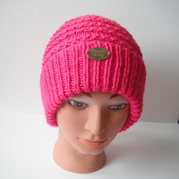 Hand Knitted Hat Toque Size L-(M) Acrylic Pink - 037 Hand knit by me - Picture 2 of 10